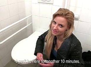 Blonde eats and fucks cock in public toilet